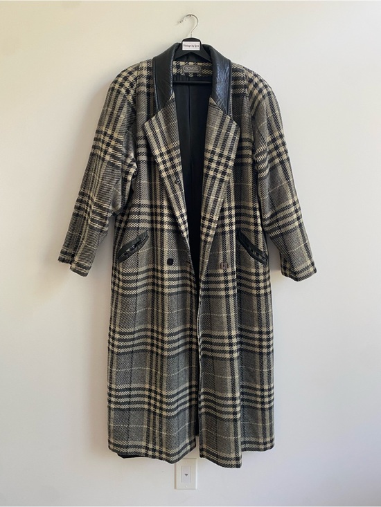 Jackets & Blazers - Vintage Plaid Long Coat with Leather Trim